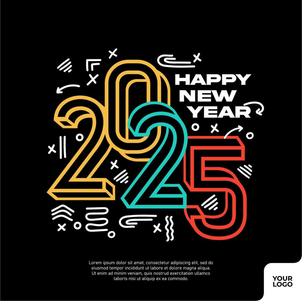 gelukkig nieuw jaar 2025 plein sjabloon met kleurrijk 3d hand- getrokken aantal stijl Aan zwart achtergrond. vector