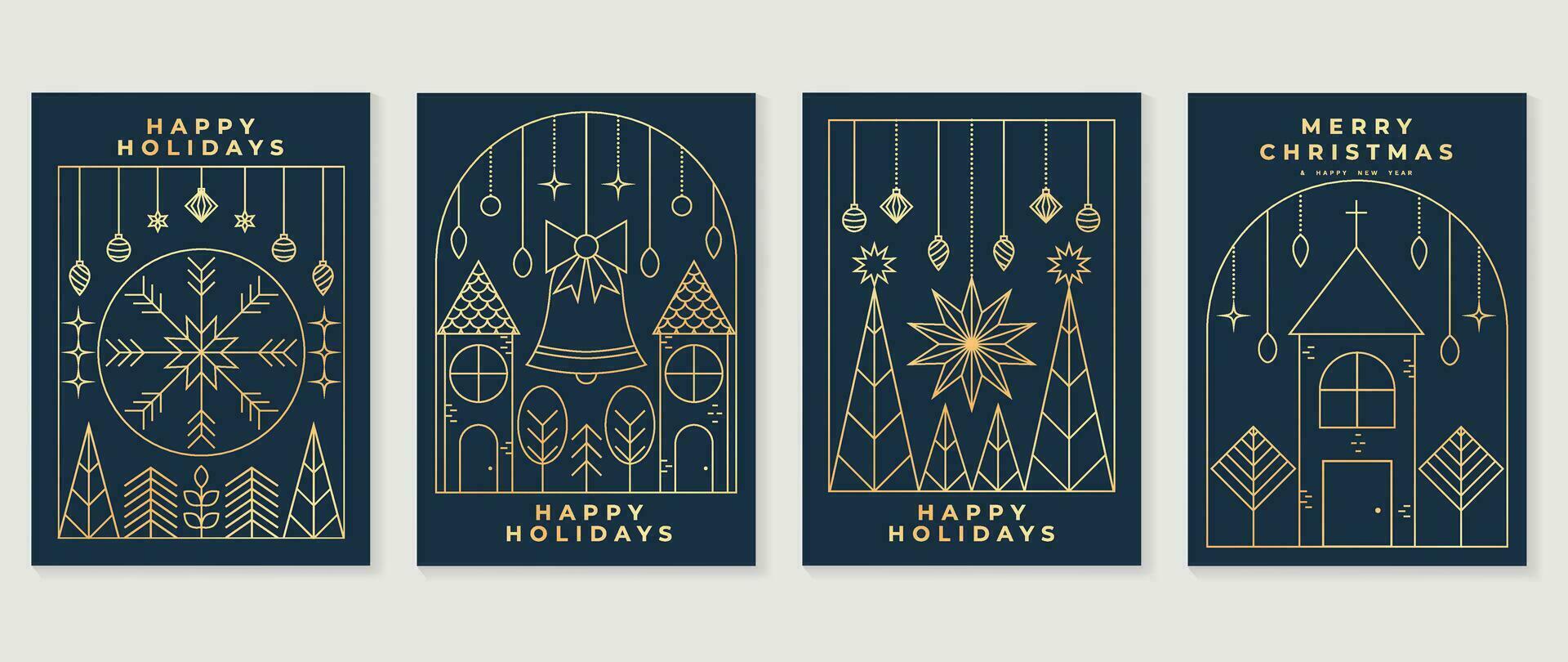 luxe Kerstmis uitnodiging kaart kunst deco ontwerp vector. Kerstmis boom, snuisterij bal, huis, klok lijn kunst Aan donker blauw achtergrond. ontwerp illustratie voor omslag, poster, behang. vector