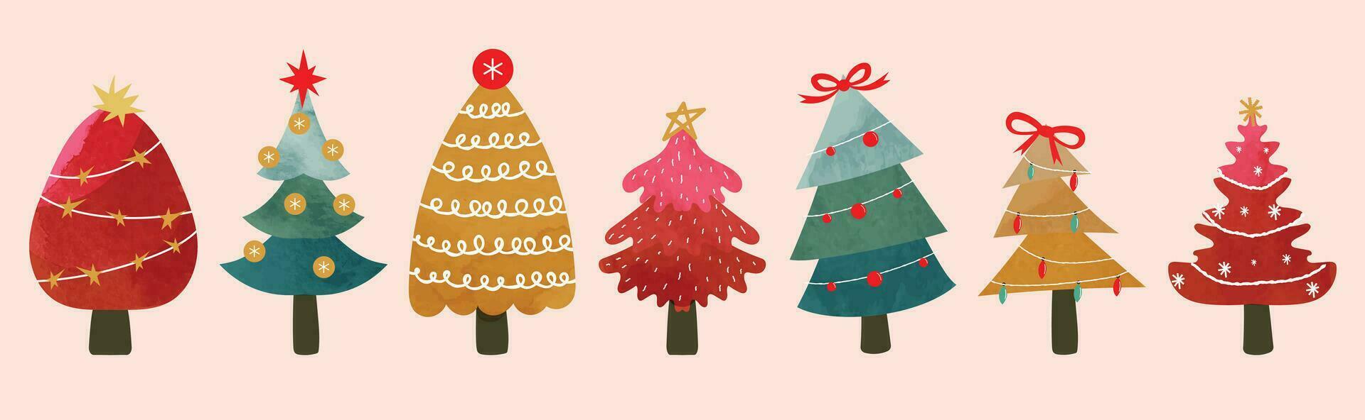 reeks van waterverf decoratief Kerstmis bomen vector illustratie. elementen van sier- ballen, ster, lint, sneeuwvlok, decoratief licht. ontwerp voor kaart, grappig, afdrukken, poster, banier, decoratie.