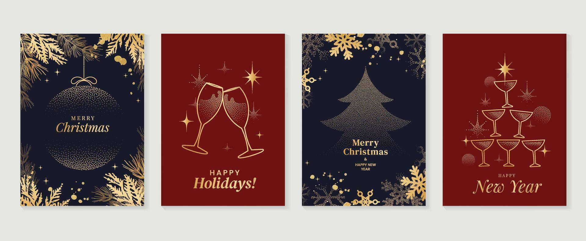 elegant Kerstmis uitnodiging kaart kunst deco ontwerp vector. luxe Kerstmis boom, wijn glas, gebladerte plek structuur Aan donker blauw en rood achtergrond. ontwerp illustratie voor omslag, poster, behang. vector