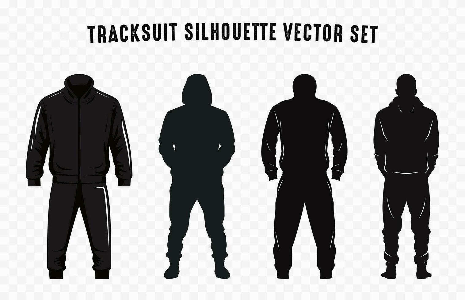 Mannen trainingspakken zwart silhouetten vector, capuchon trainingspak silhouet reeks vector