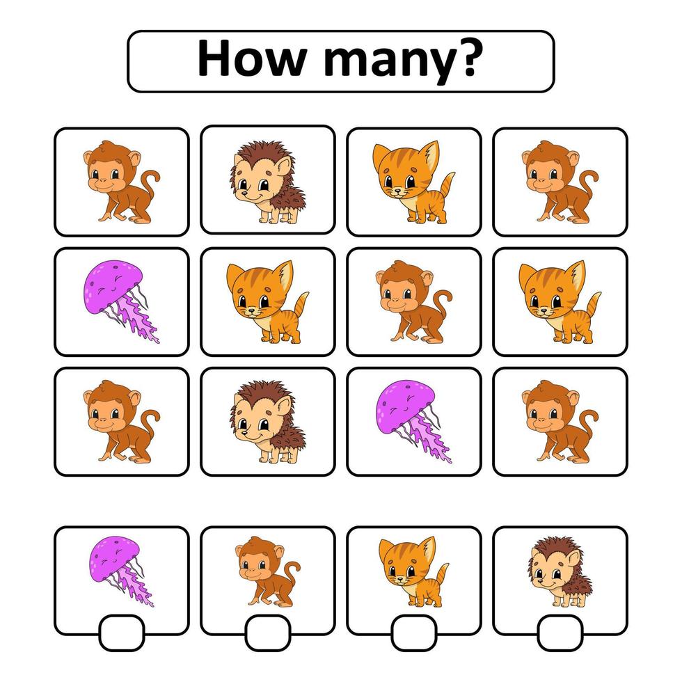 telspel voor kinderen van voorschoolse leeftijd. wiskunde leren. hoeveel dieren op de foto. met ruimte voor antwoorden. eenvoudige platte geïsoleerde vectorillustratie in schattige cartoon-stijl. vector