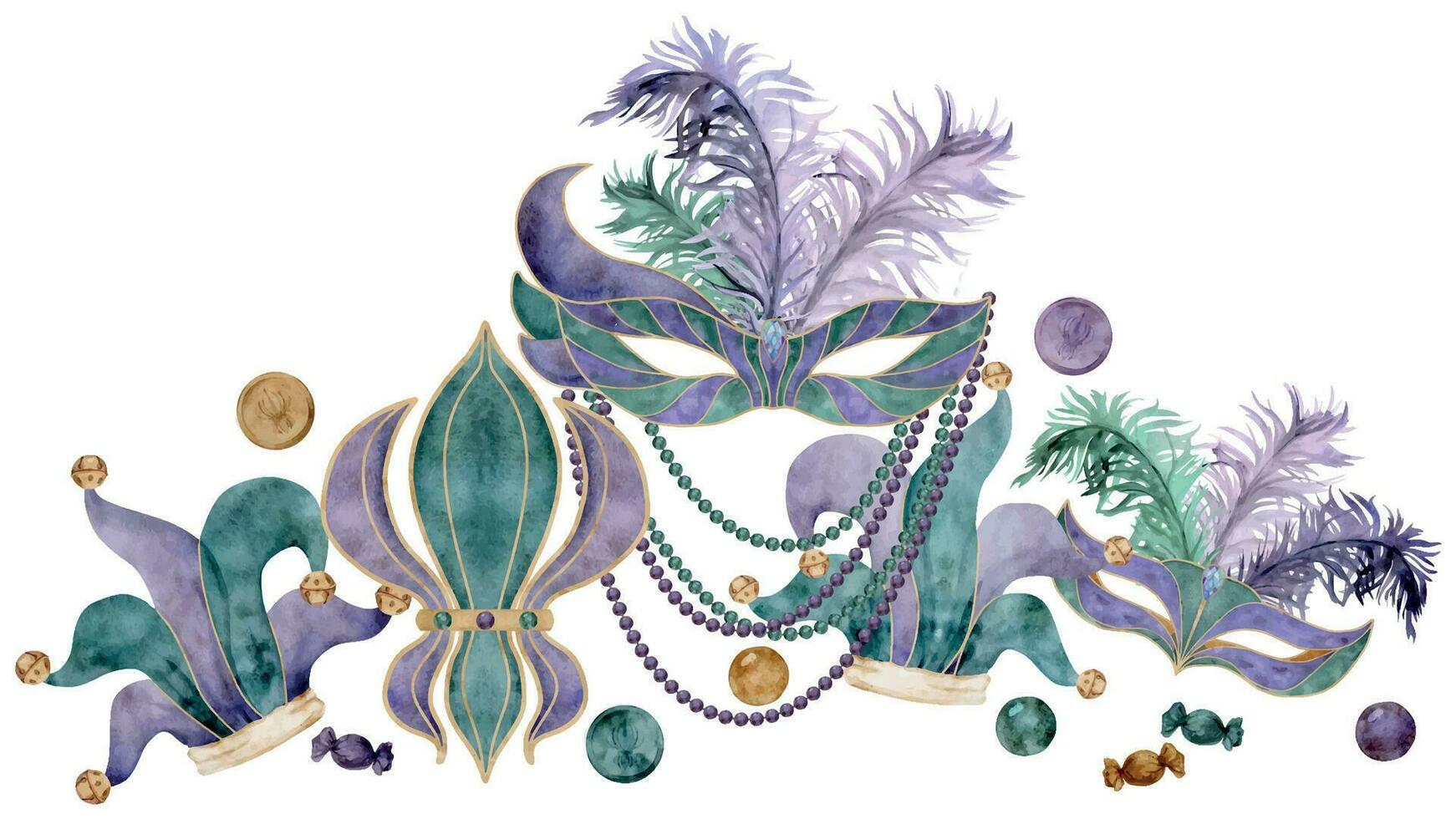 hand- getrokken waterverf mardi gras carnaval symbolen. theater maskerade masker veren, nar dwaas hoed, fleur de lis kralen. samenstelling geïsoleerd Aan wit achtergrond. ontwerp partij uitnodiging, afdrukken, winkel vector