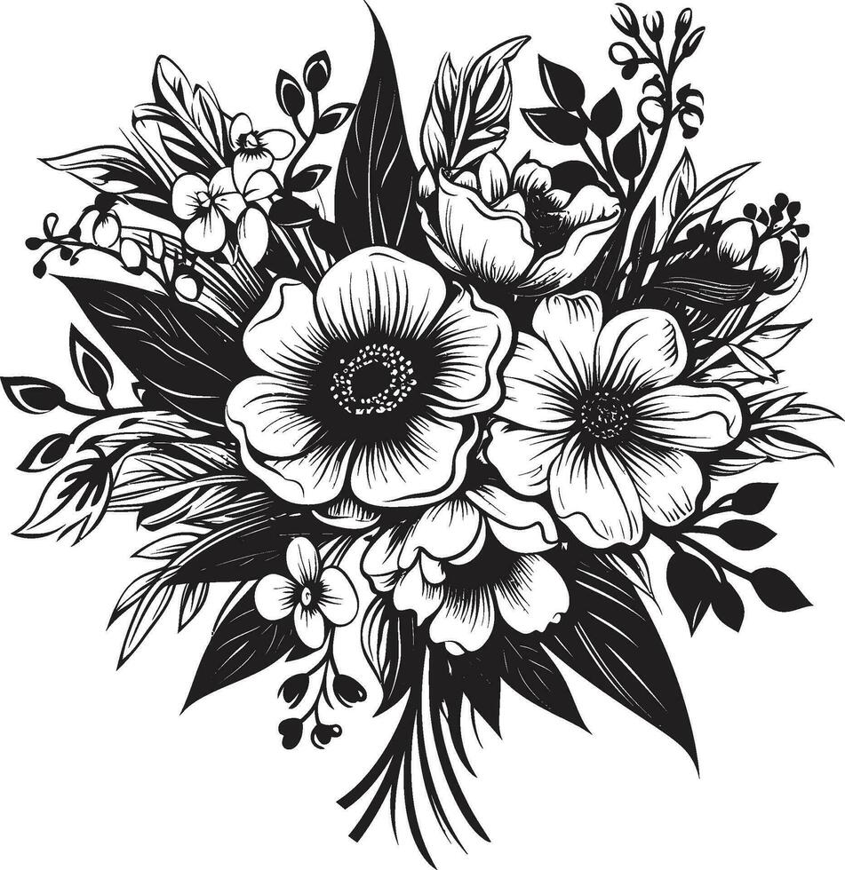 vorstelijk bloemblad ruikertje zwart bloemen embleem chique bloemen fusie decoratief zwart icoon vector