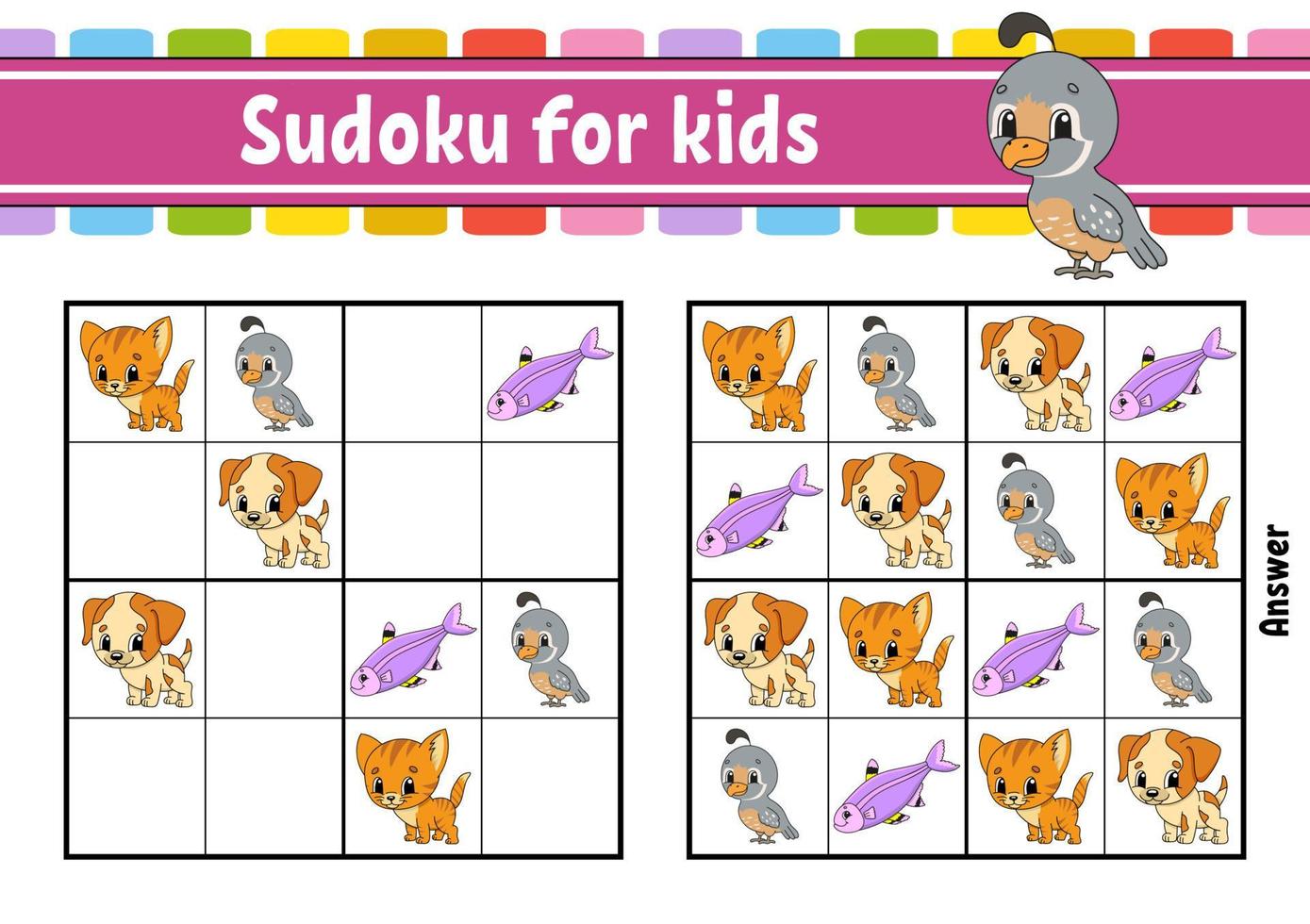 sudoku voor kinderen. onderwijs ontwikkelen werkblad. activiteitenpagina met foto's. puzzelspel voor kinderen en peuters. logisch denken opleiding. geïsoleerde vectorillustratie. cartoon-stijl. vector