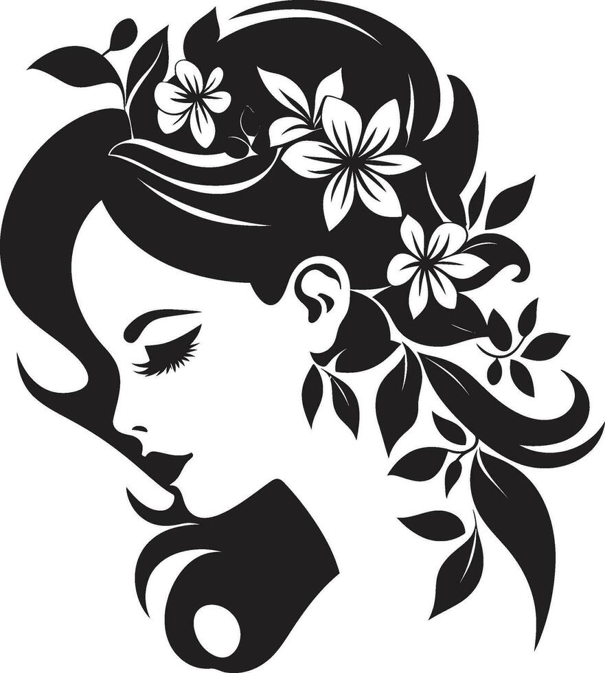 chique bloemblad harmonie zwart vector dame profiel bloemblad versierd schoonheid hand- getrokken vrouw logo