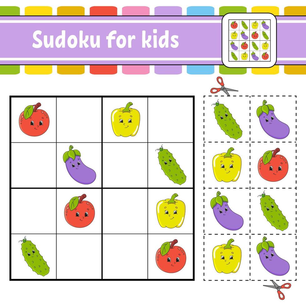 sudoku voor kinderen. onderwijs ontwikkelen werkblad. activiteitenpagina met foto's. puzzelspel voor kinderen. logisch denken opleiding. geïsoleerde vectorillustratie. grappig karakter. cartoon-stijl. vector