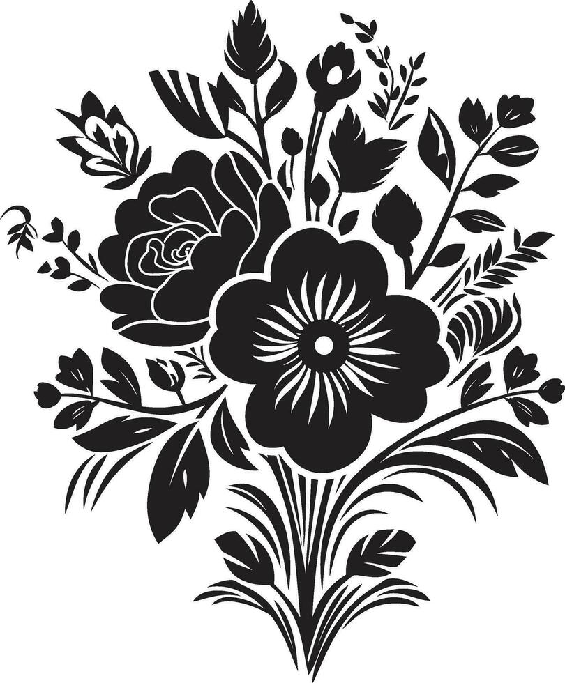 majestueus boeket fusie zwart bloemen ontwerp wijnoogst bloeien ensemble decoratief zwart embleem vector