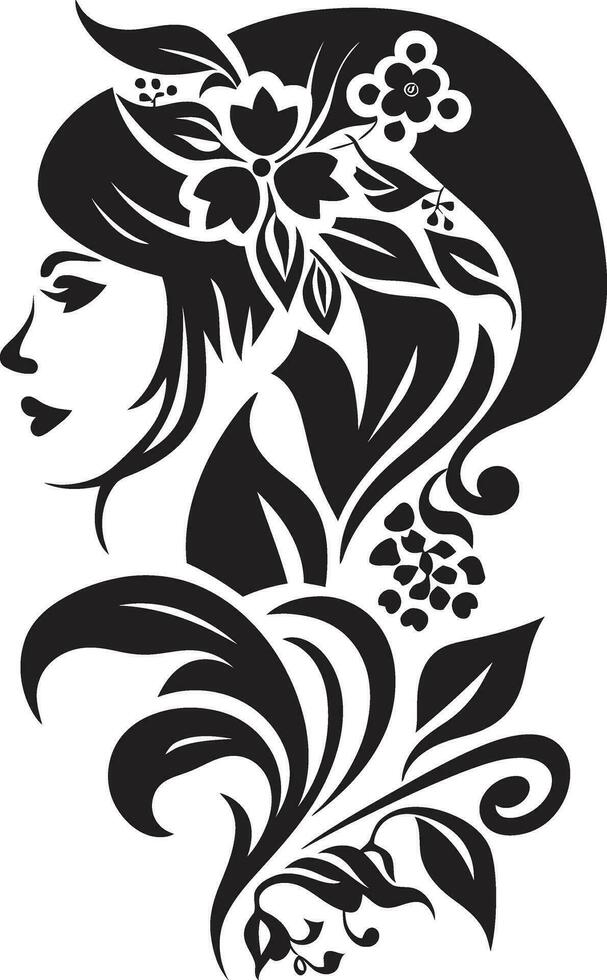 abstract flora fusie zwart artistiek gezicht embleem elegant botanisch aantrekkingskracht vector vrouw icoon