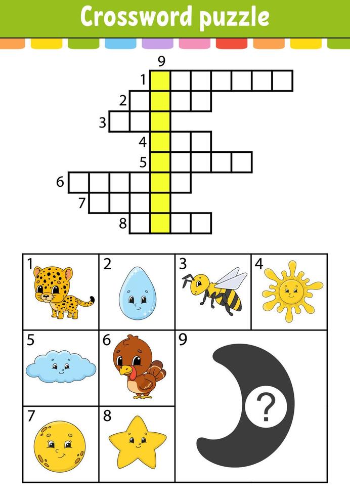 Kruiswoord puzzel. onderwijs ontwikkelen werkblad. activiteitenpagina voor Engels studeren. met kleurenfoto's. spel voor kinderen. geïsoleerde vectorillustratie. grappig karakter. cartoon-stijl. vector