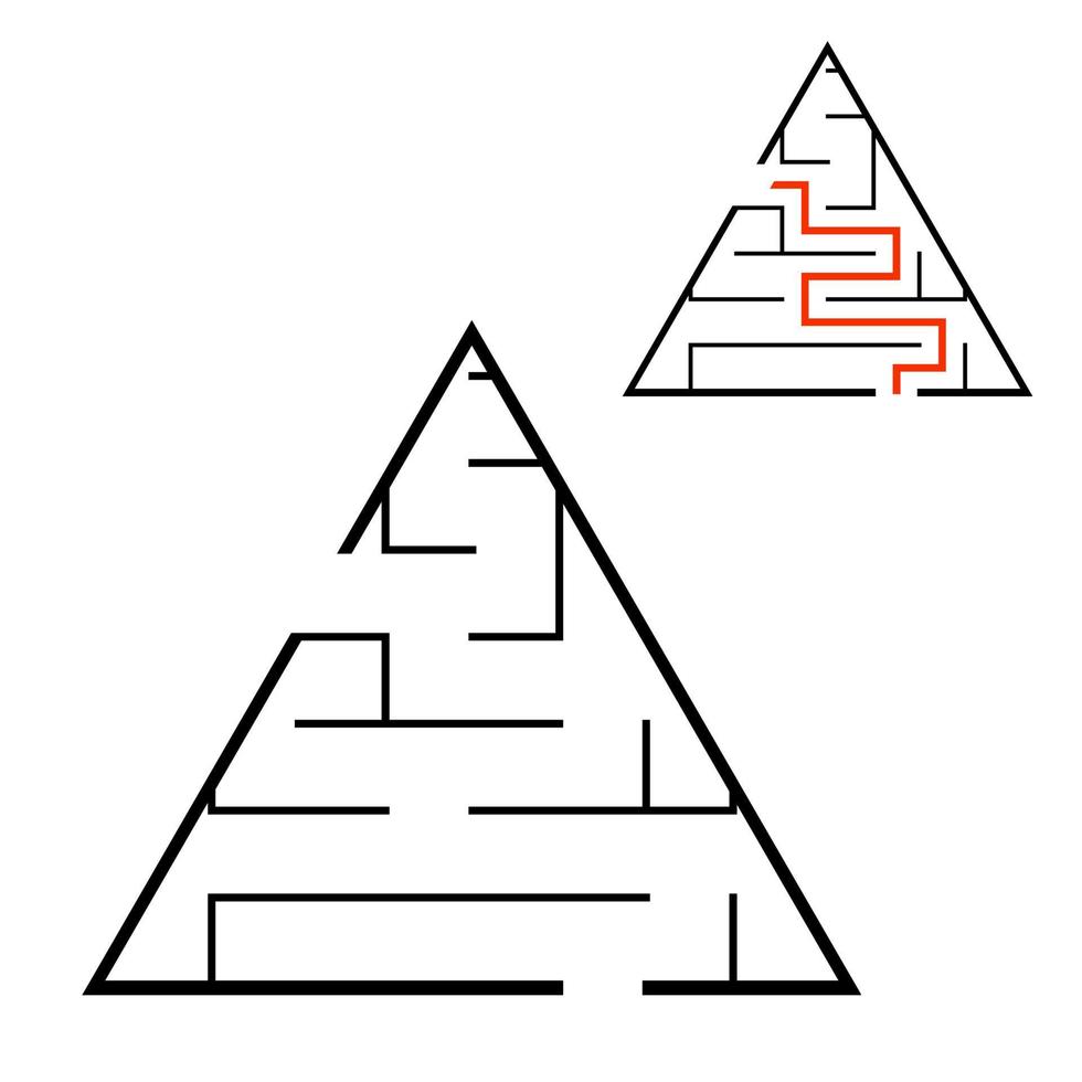 zwart driehoekig labyrint. spel voor kinderen. puzzel voor kinderen. doolhof raadsel. platte vectorillustratie geïsoleerd op een witte achtergrond. met antwoord. met plaats voor uw afbeelding. vector