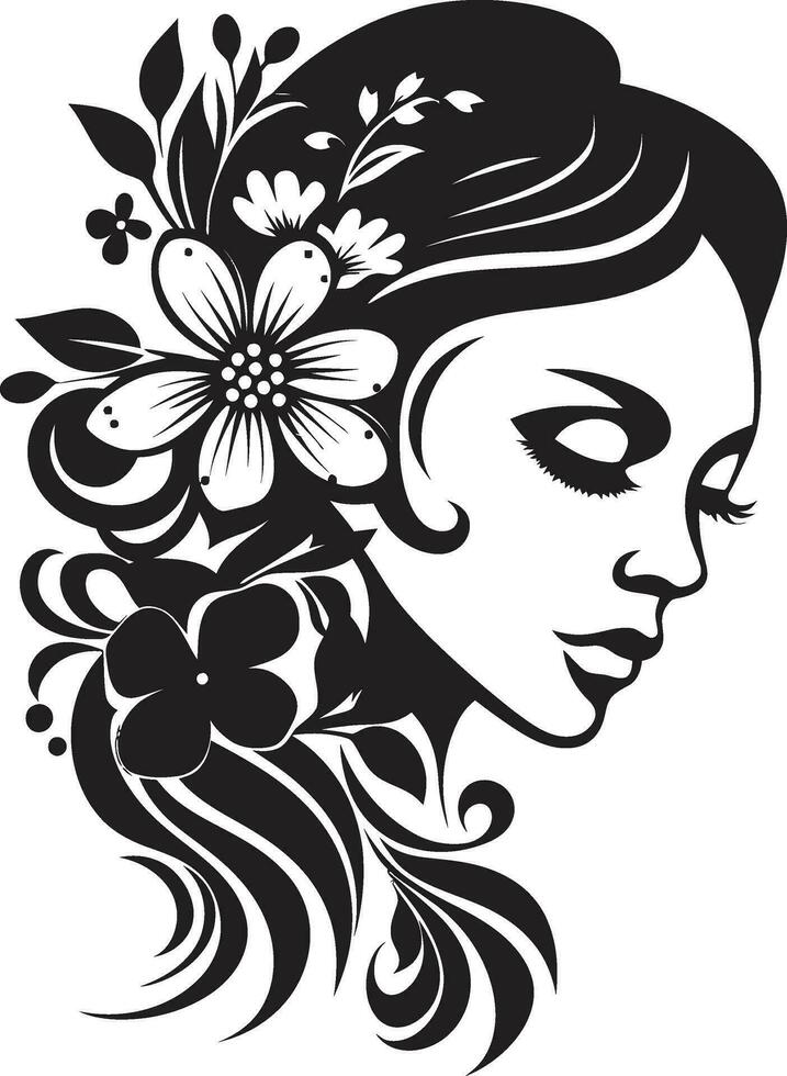 minimalistische bloemen straling zwart vrouw icoon geavanceerde bloeien aura handgemaakt embleem vector