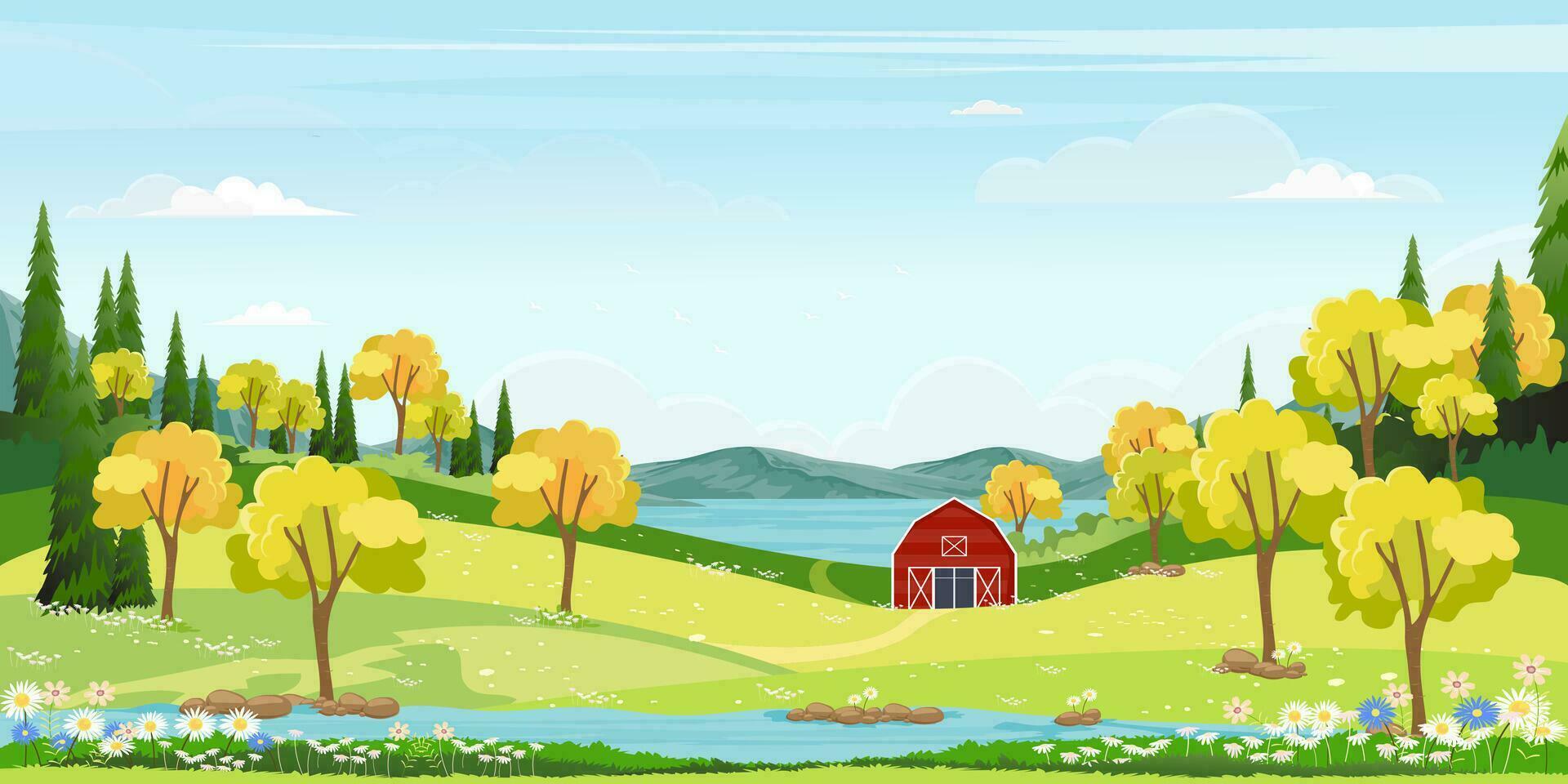 panorama landschap van voorjaar dorp met groen weide Aan heuvels met blauw lucht, vector zomer of voorjaar landschap, panoramisch platteland van groen veld- met hout schuur en gras bloemen