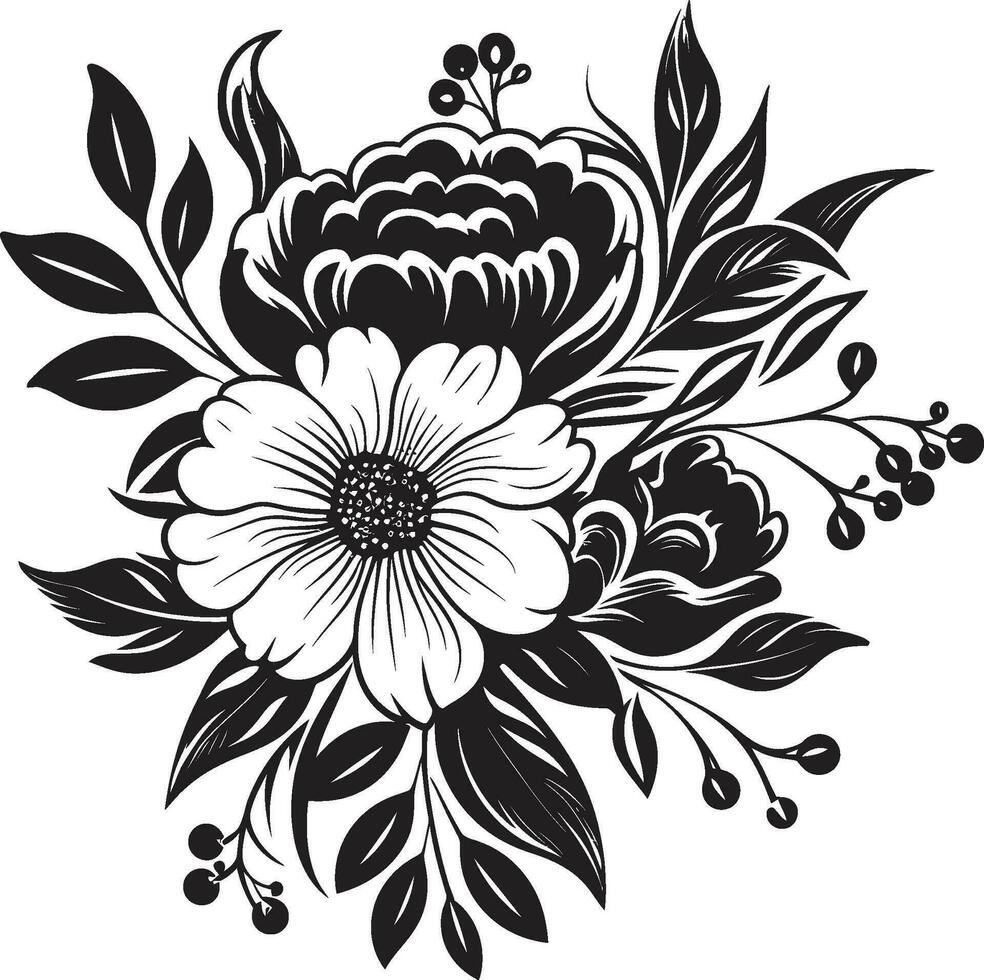 chique botanisch arrangement decoratief zwart icoon grillig bloem TROS zwart boeket ontwerp vector