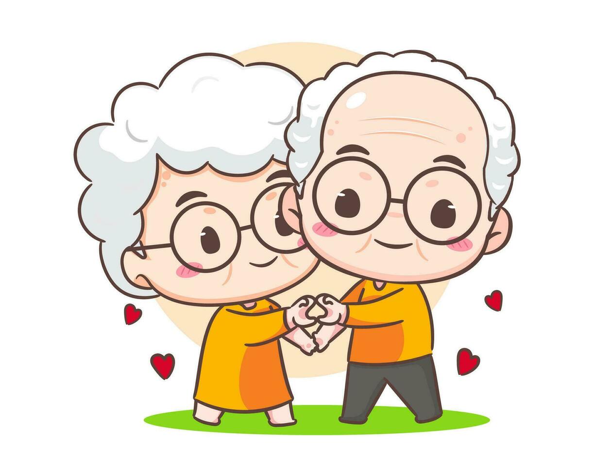 schattig paar grootouders tonen liefde teken. opa en grootmoeder tekenfilm karakter. gelukkig oud paar. chibi vector stijl. geïsoleerd wit achtergrond
