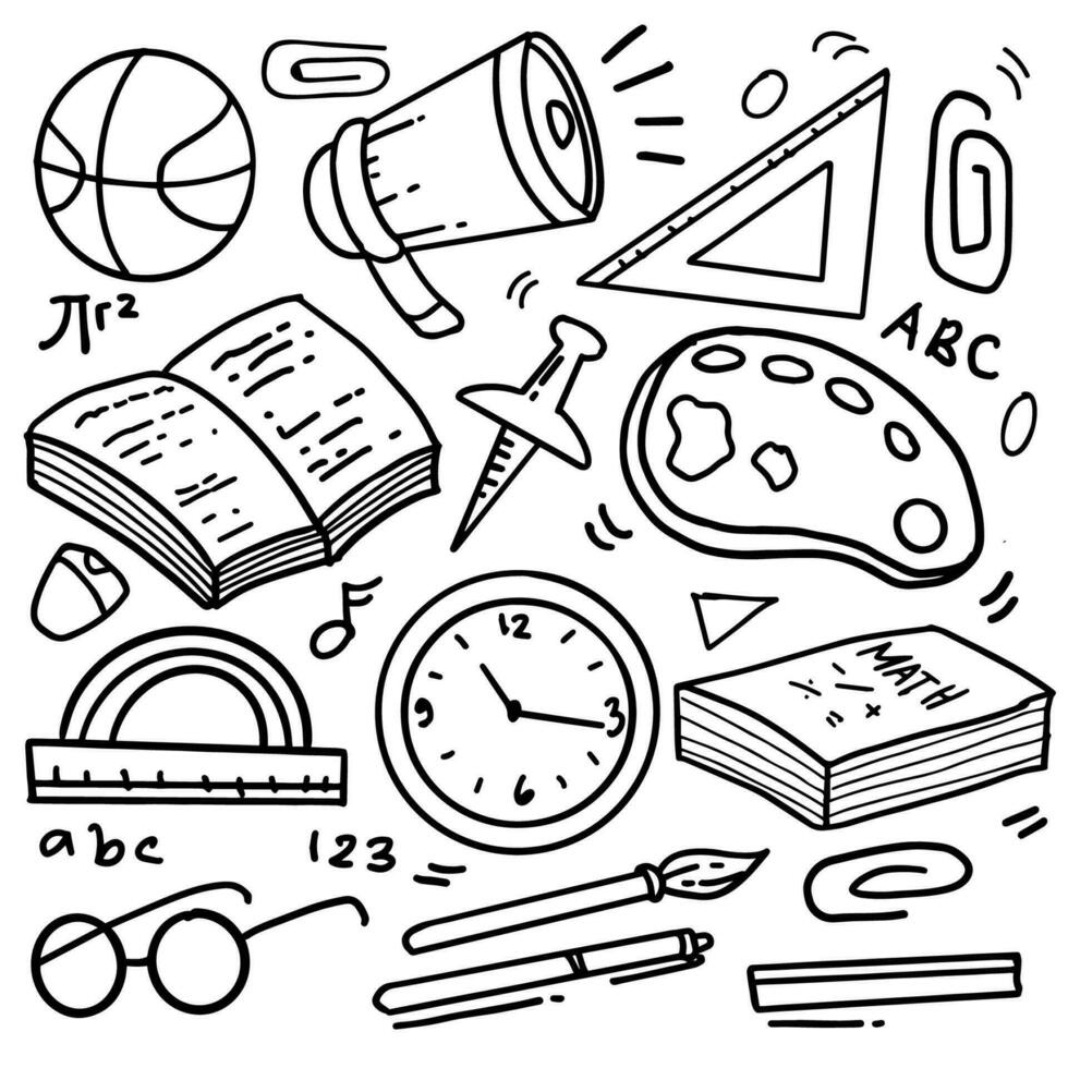 reeks van hand- getrokken school- clip art. vector tekening school- pictogrammen en symbolen in tekening stijl, vector illustratie