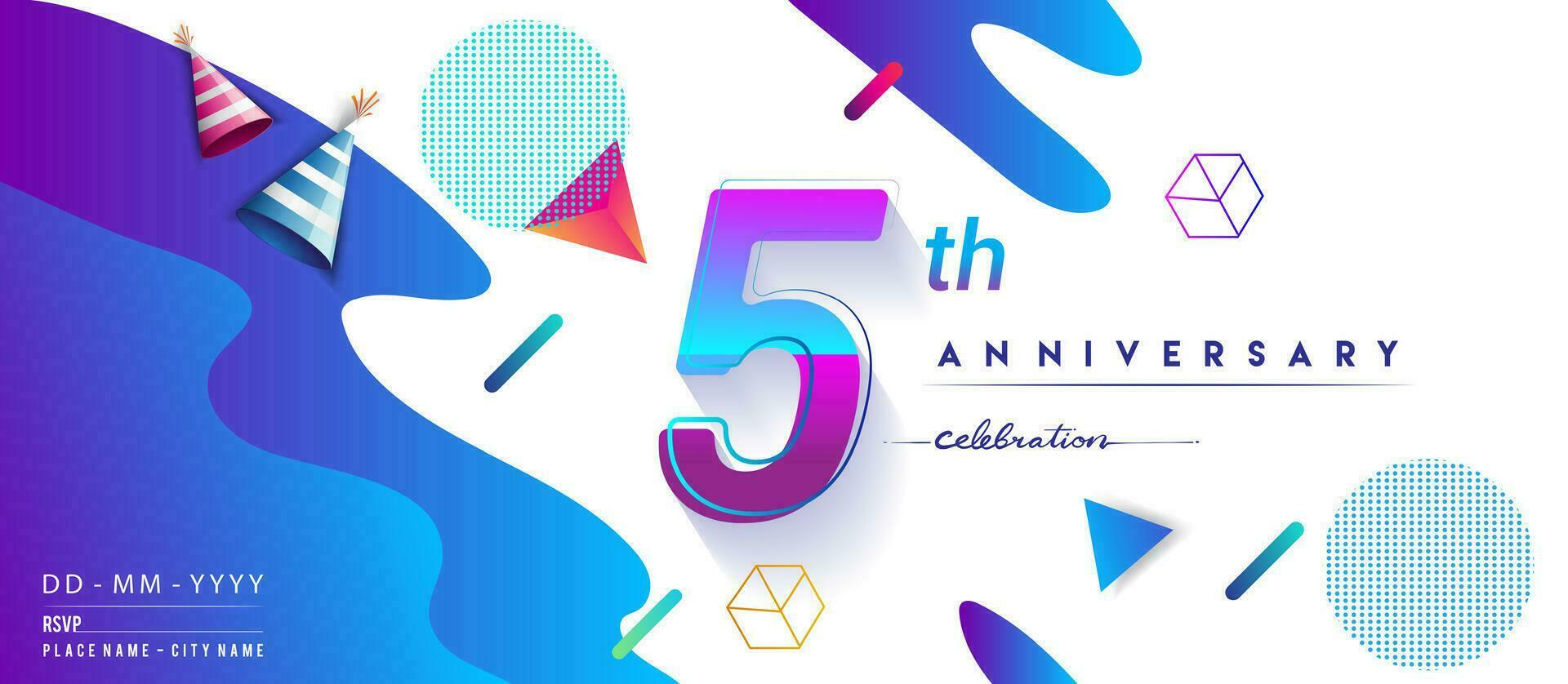 5e jaren verjaardag logo, vector ontwerp verjaardag viering met kleurrijk meetkundig achtergrond en cirkels vorm geven aan.