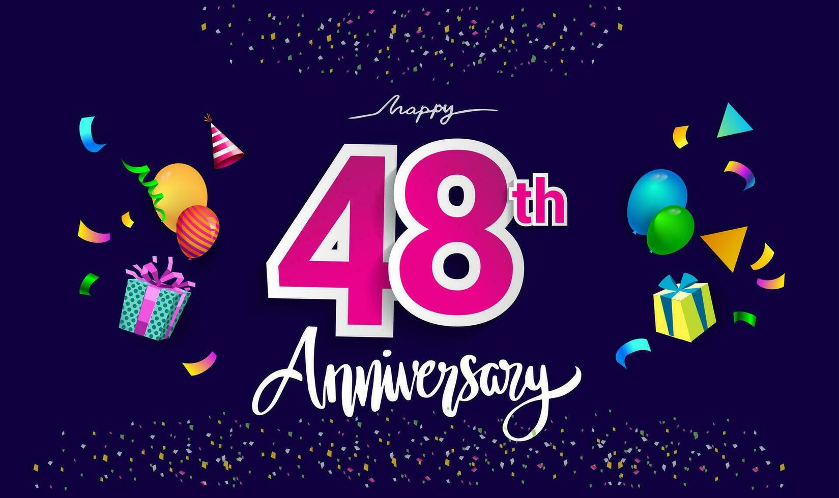 48ste jaren verjaardag viering ontwerp, met geschenk doos en ballonnen, lint, kleurrijk vector sjabloon elementen voor uw verjaardag vieren feest.
