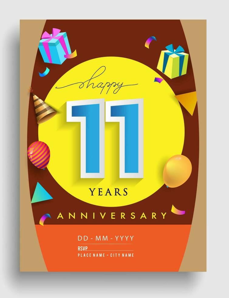 11e jaren verjaardag uitnodiging ontwerp, met geschenk doos en ballonnen, lint, kleurrijk vector sjabloon elementen voor verjaardag viering feest.