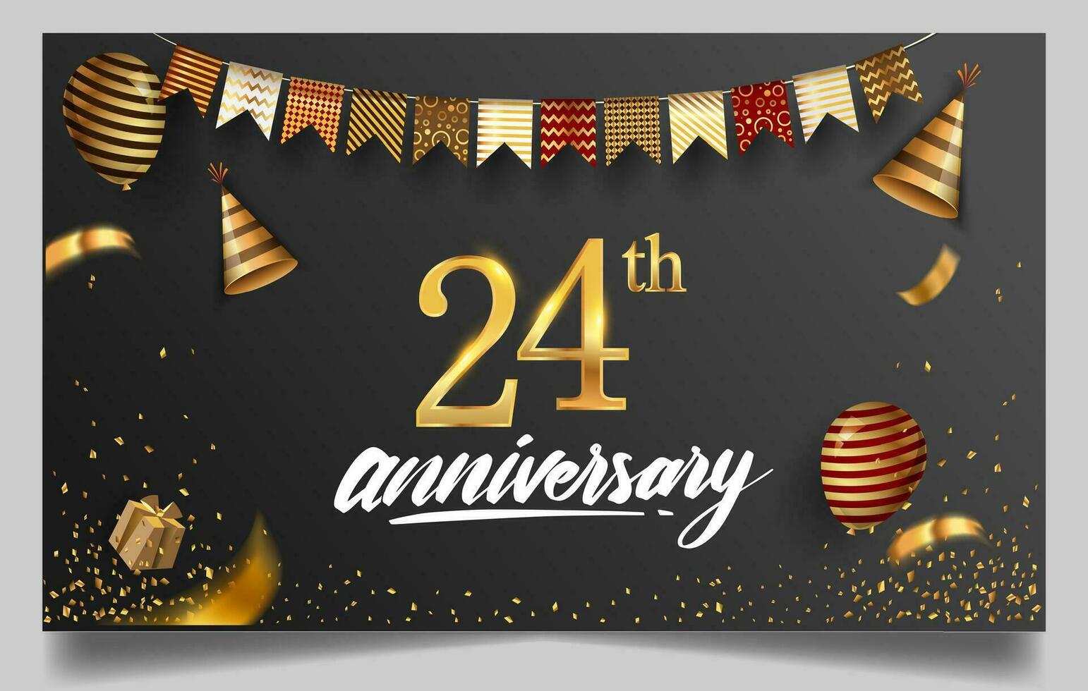 50e jaren verjaardag ontwerp voor groet kaarten en uitnodiging, met ballon, confetti en geschenk doos, elegant ontwerp met goud en donker kleur, ontwerp sjabloon voor verjaardag viering. vector
