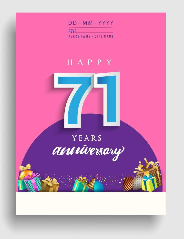 71ste jaren verjaardag uitnodiging ontwerp, met geschenk doos en ballonnen, lint, kleurrijk vector sjabloon elementen voor verjaardag viering feest.