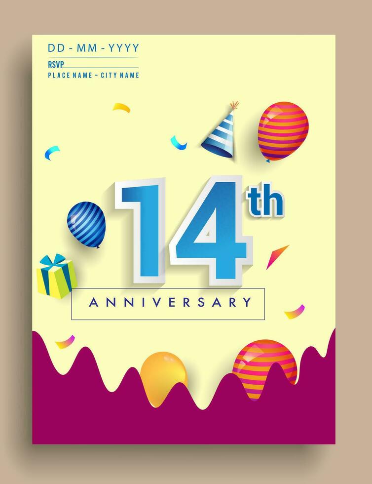 14e jaren verjaardag uitnodiging ontwerp, met geschenk doos en ballonnen, lint, kleurrijk vector sjabloon elementen voor verjaardag viering feest.
