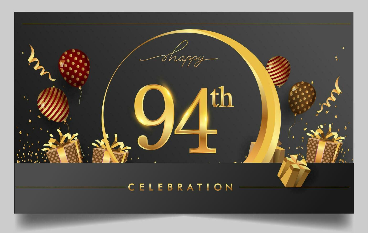90ste jaren verjaardag ontwerp voor groet kaarten en uitnodiging, met ballon, confetti en geschenk doos, elegant ontwerp met goud en donker kleur, ontwerp sjabloon voor verjaardag viering. vector