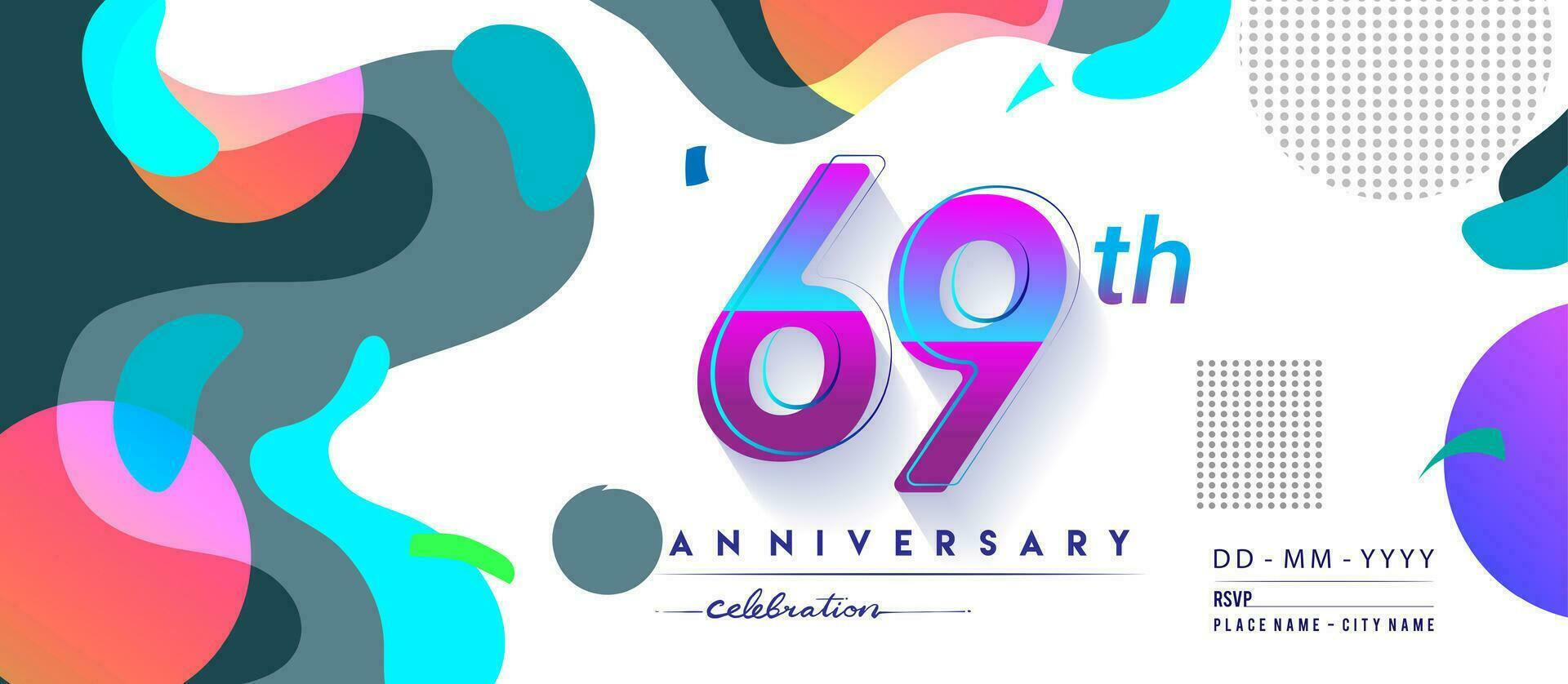 69e jaren verjaardag logo, vector ontwerp verjaardag viering met kleurrijk meetkundig achtergrond en cirkels vorm geven aan.