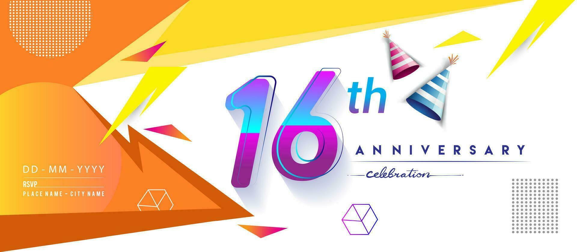 16e jaren verjaardag logo, vector ontwerp verjaardag viering met kleurrijk meetkundig achtergrond en cirkels vorm geven aan.