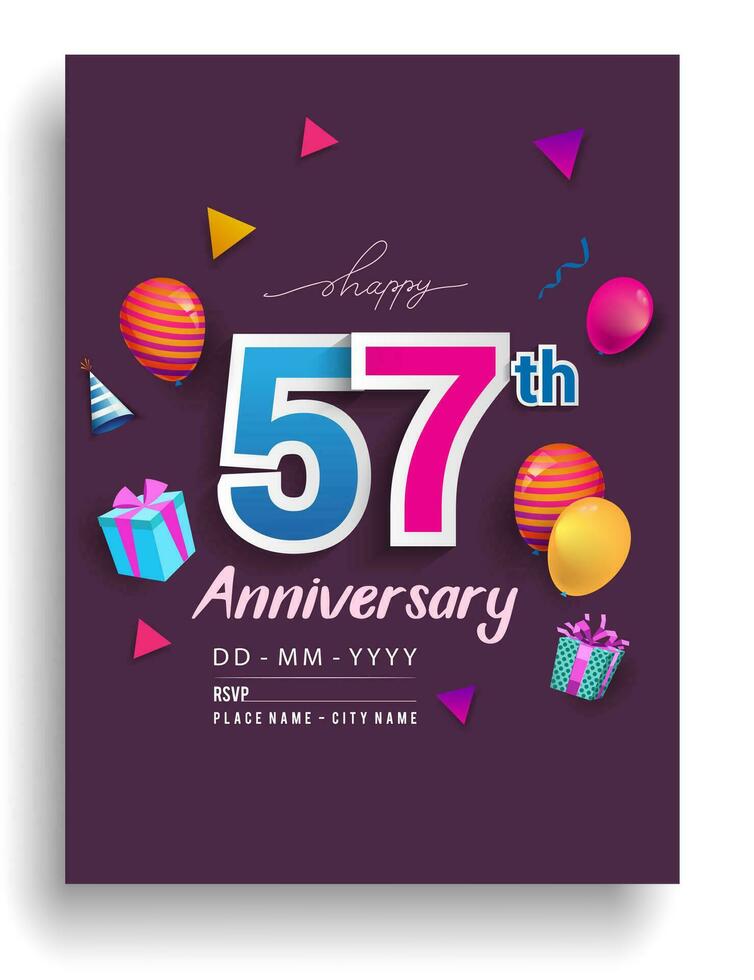 57e jaren verjaardag uitnodiging ontwerp, met geschenk doos en ballonnen, lint, kleurrijk vector sjabloon elementen voor verjaardag viering feest.