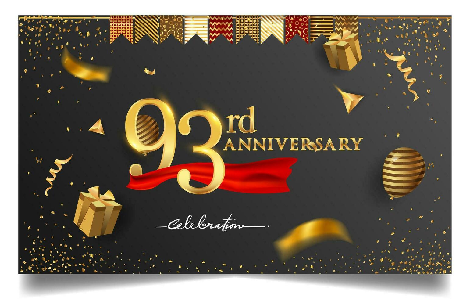 90ste jaren verjaardag ontwerp voor groet kaarten en uitnodiging, met ballon, confetti en geschenk doos, elegant ontwerp met goud en donker kleur, ontwerp sjabloon voor verjaardag viering. vector