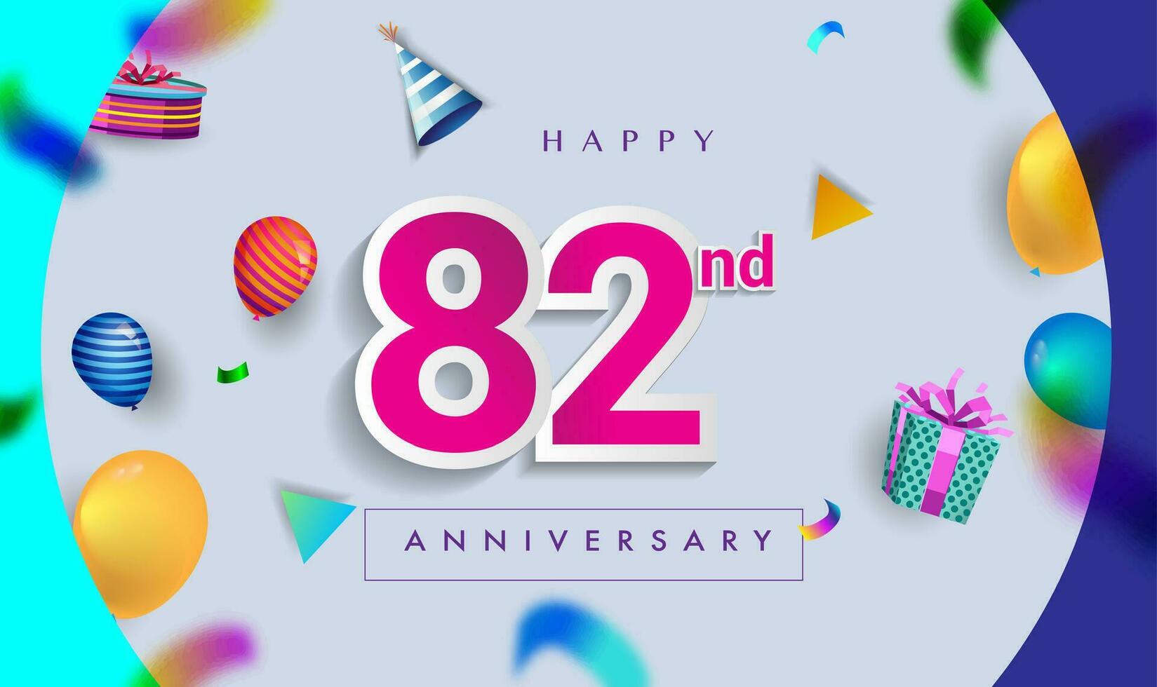 82ste jaren verjaardag viering ontwerp, met geschenk doos en ballonnen, lint, kleurrijk vector sjabloon elementen voor uw verjaardag vieren feest.