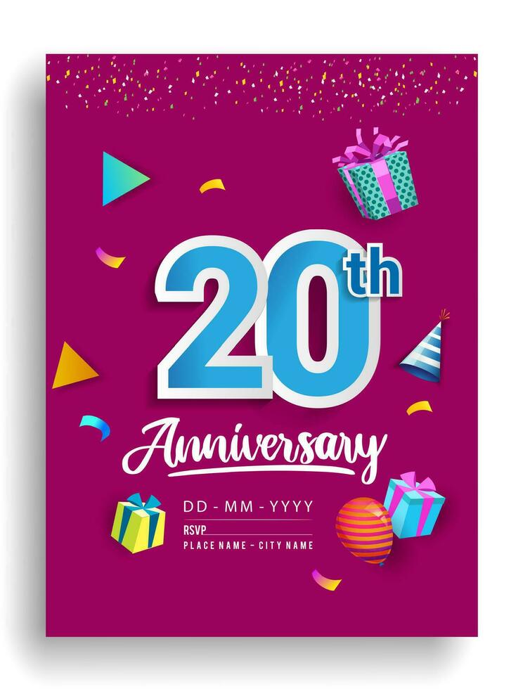 20e jaren verjaardag uitnodiging ontwerp, met geschenk doos en ballonnen, lint, kleurrijk vector sjabloon elementen voor verjaardag viering feest.