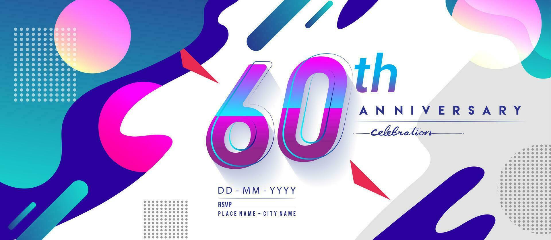 60e jaren verjaardag logo, vector ontwerp verjaardag viering met kleurrijk meetkundig achtergrond en cirkels vorm geven aan.