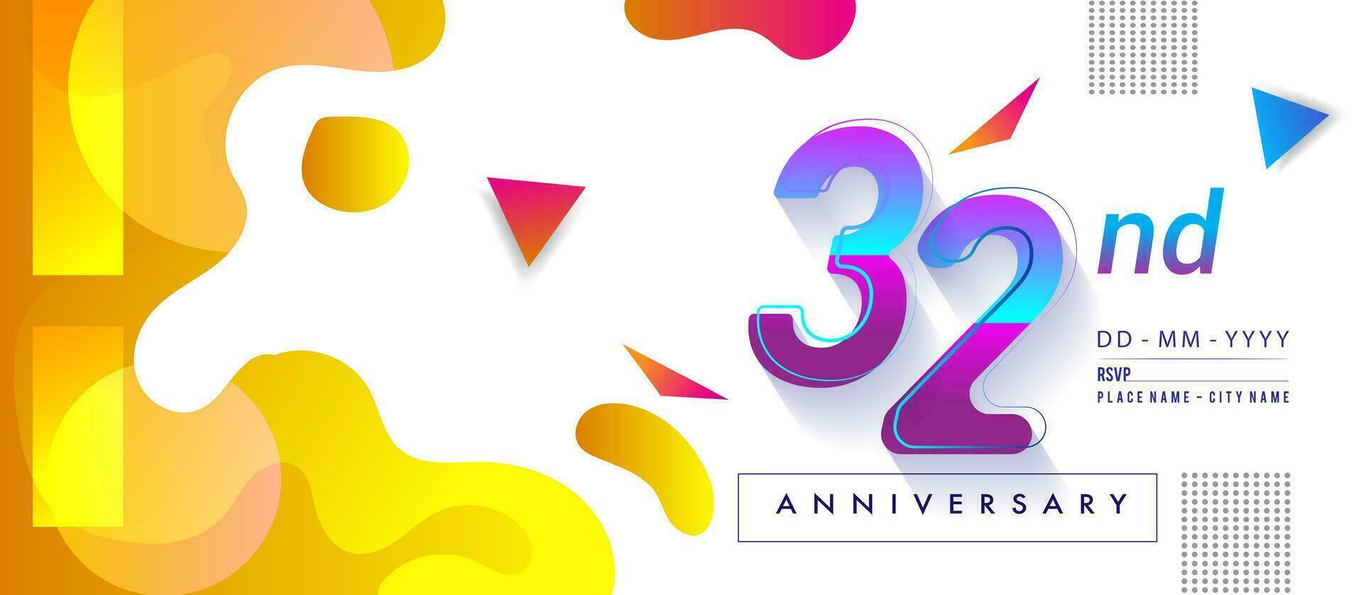 32e jaren verjaardag logo, vector ontwerp verjaardag viering met kleurrijk meetkundig achtergrond en cirkels vorm geven aan.