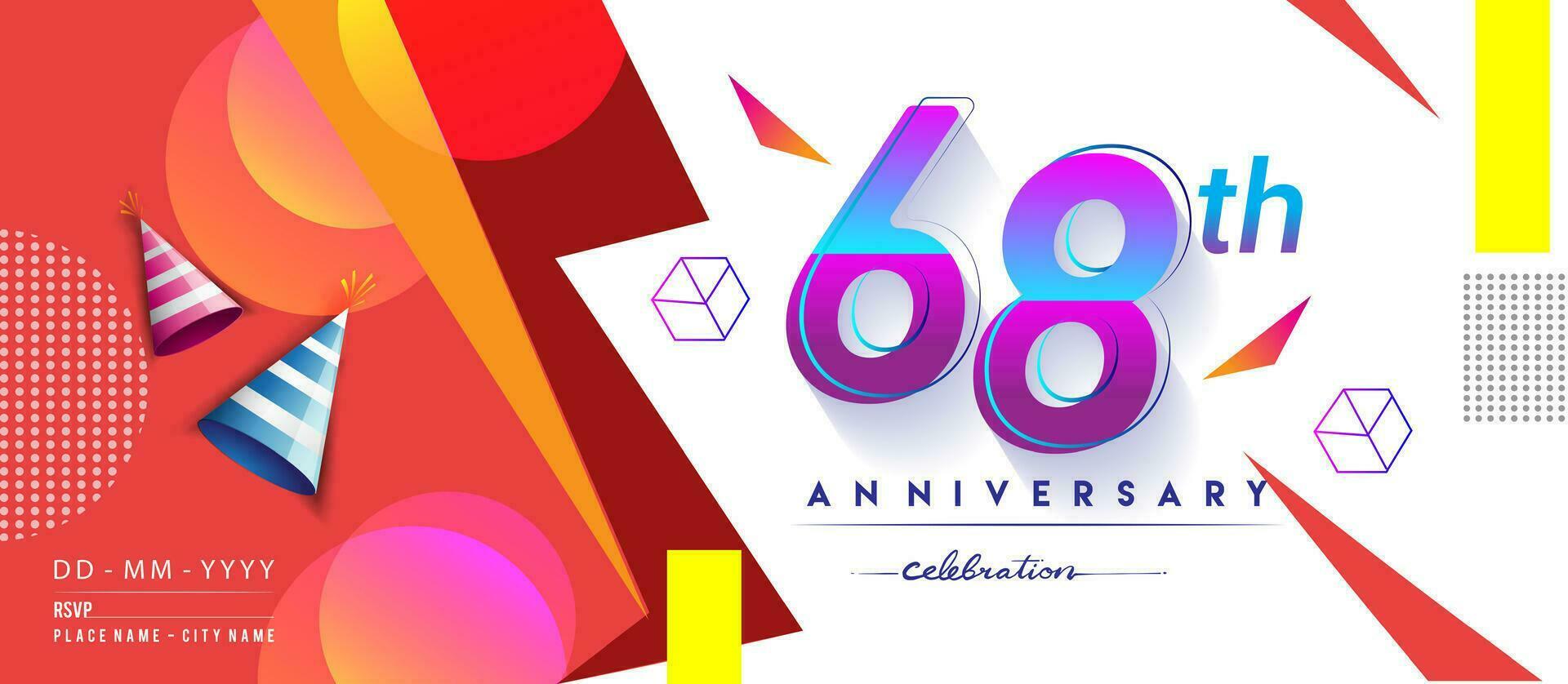 68e jaren verjaardag logo, vector ontwerp verjaardag viering met kleurrijk meetkundig achtergrond en cirkels vorm geven aan.