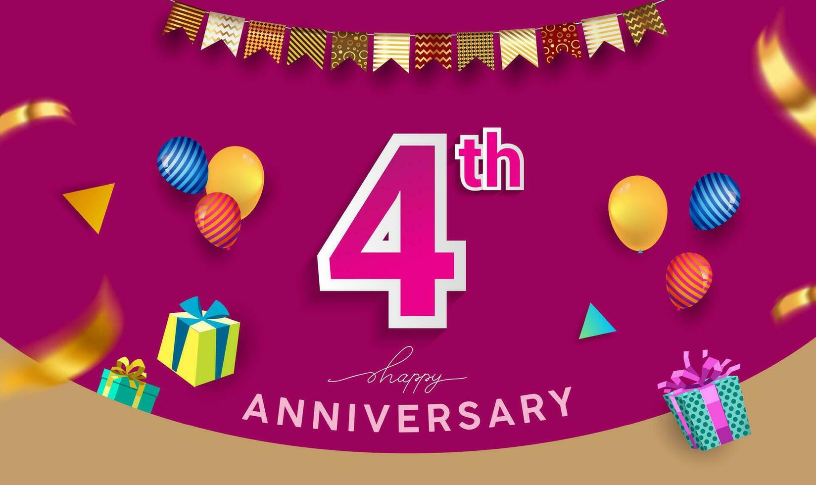 4e jaren verjaardag viering ontwerp, met geschenk doos en ballonnen, lint, kleurrijk vector sjabloon elementen voor uw verjaardag vieren feest.