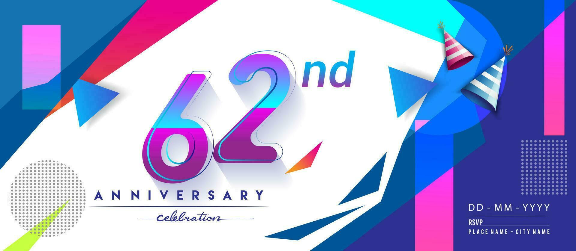 62e jaren verjaardag logo, vector ontwerp verjaardag viering met kleurrijk meetkundig achtergrond en cirkels vorm geven aan.
