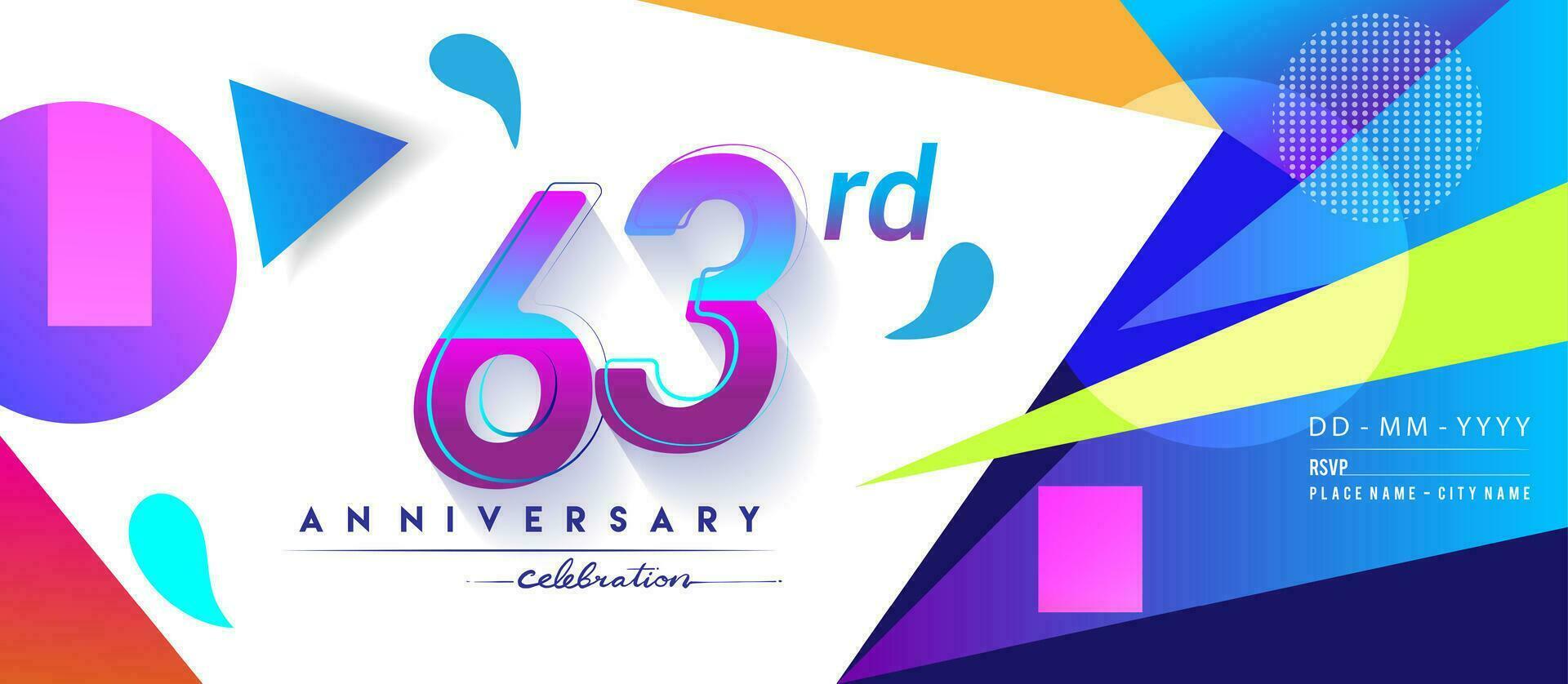 63e jaren verjaardag logo, vector ontwerp verjaardag viering met kleurrijk meetkundig achtergrond en cirkels vorm geven aan.