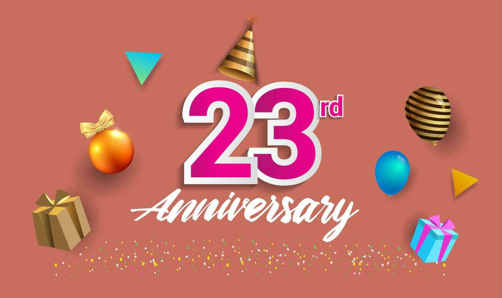23e jaren verjaardag viering ontwerp, met geschenk doos en ballonnen, lint, kleurrijk vector sjabloon elementen voor uw verjaardag vieren feest.