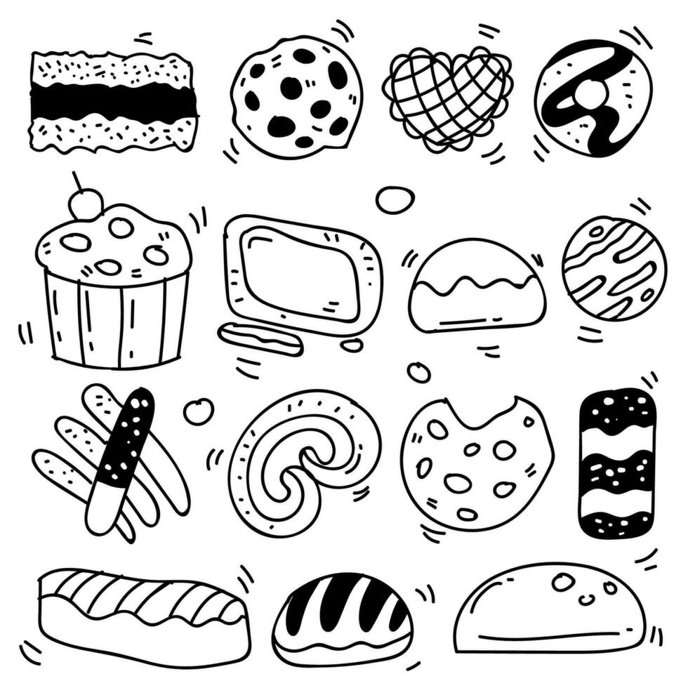 reeks van tekeningen Aan de thema taarten. taarten, taarten, brood, biscuits en andere banketbakkerij producten. vector illustratie