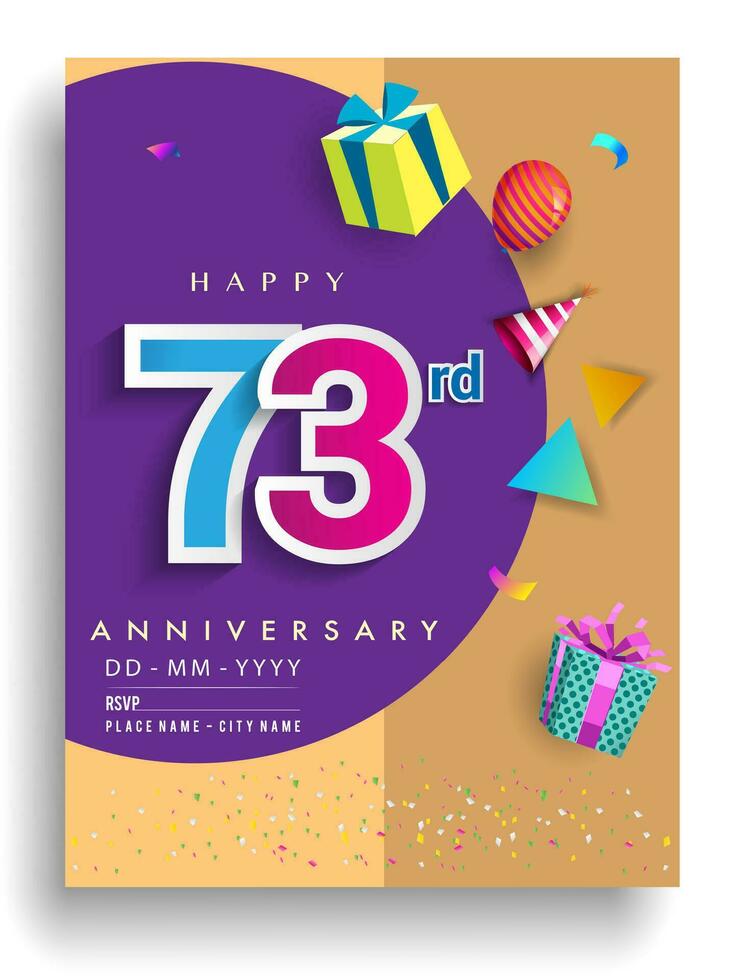 73ste jaren verjaardag uitnodiging ontwerp, met geschenk doos en ballonnen, lint, kleurrijk vector sjabloon elementen voor verjaardag viering feest.