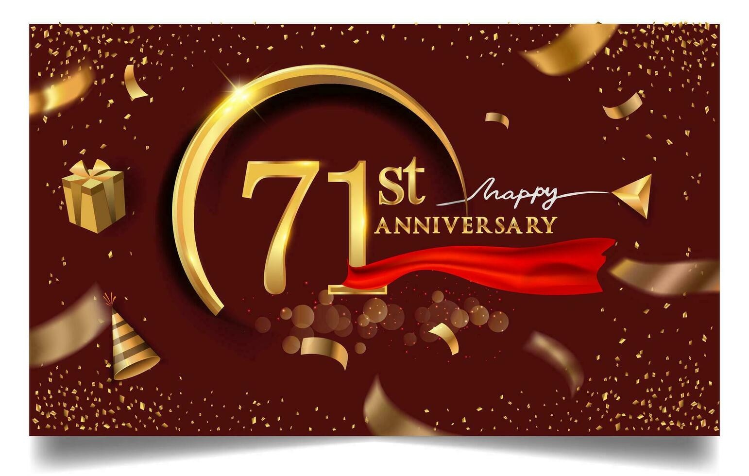 70e jaren verjaardag ontwerp voor groet kaarten en uitnodiging, met ballon, confetti en geschenk doos, elegant ontwerp met goud en donker kleur, ontwerp sjabloon voor verjaardag viering. vector
