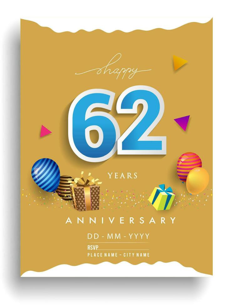 62e jaren verjaardag uitnodiging ontwerp, met geschenk doos en ballonnen, lint, kleurrijk vector sjabloon elementen voor verjaardag viering feest.