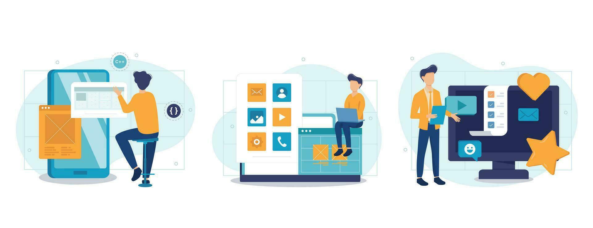 app ontwikkeling concept set. ontwikkelaars schrijven code, testen, creëren bladzijde indeling. mensen geïsoleerd scènes in vlak ontwerp. vector illustratie voor bloggen, website, mobiel app, promotionele materialen.