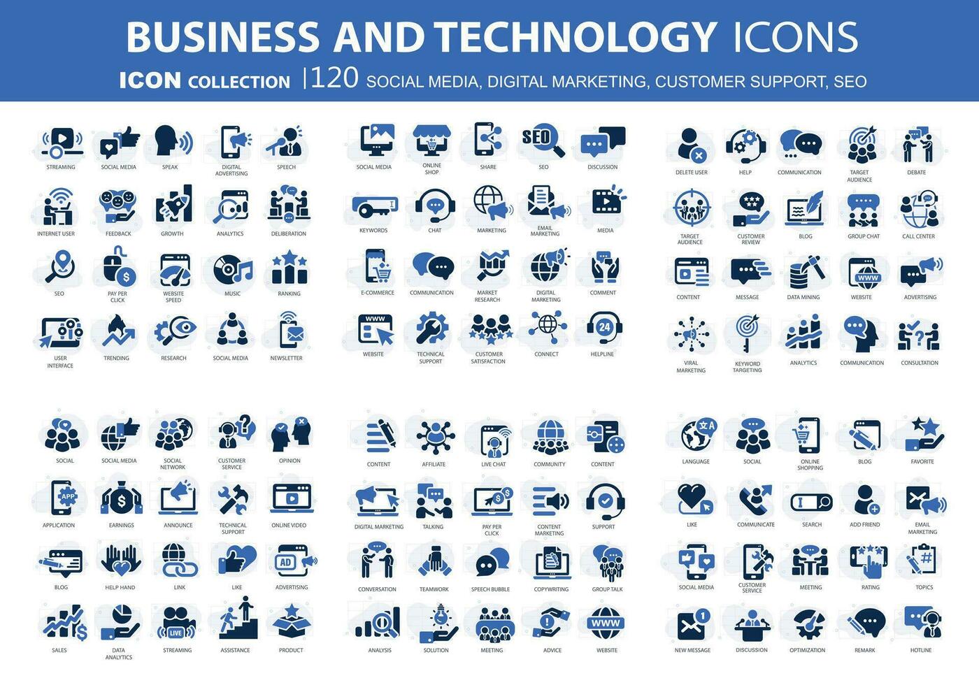 120 bedrijf, gegevens analyse, organisatie beheer pictogrammen. sociaal media, digitaal marketing, klant ondersteuning en seo icoon set. vector icoon verzameling