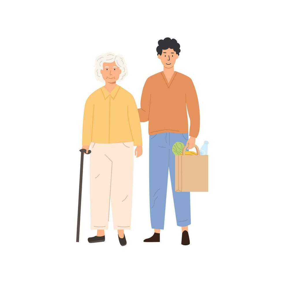 vrouw conciërge en ouderen Mens aan het doen winkelen. tafereel van vrijwilliger met senior persoon helpen naar kopen boodschappen. sociaal arbeider helpen opa. verpleging pensioen huis Diensten. vector illustratie.