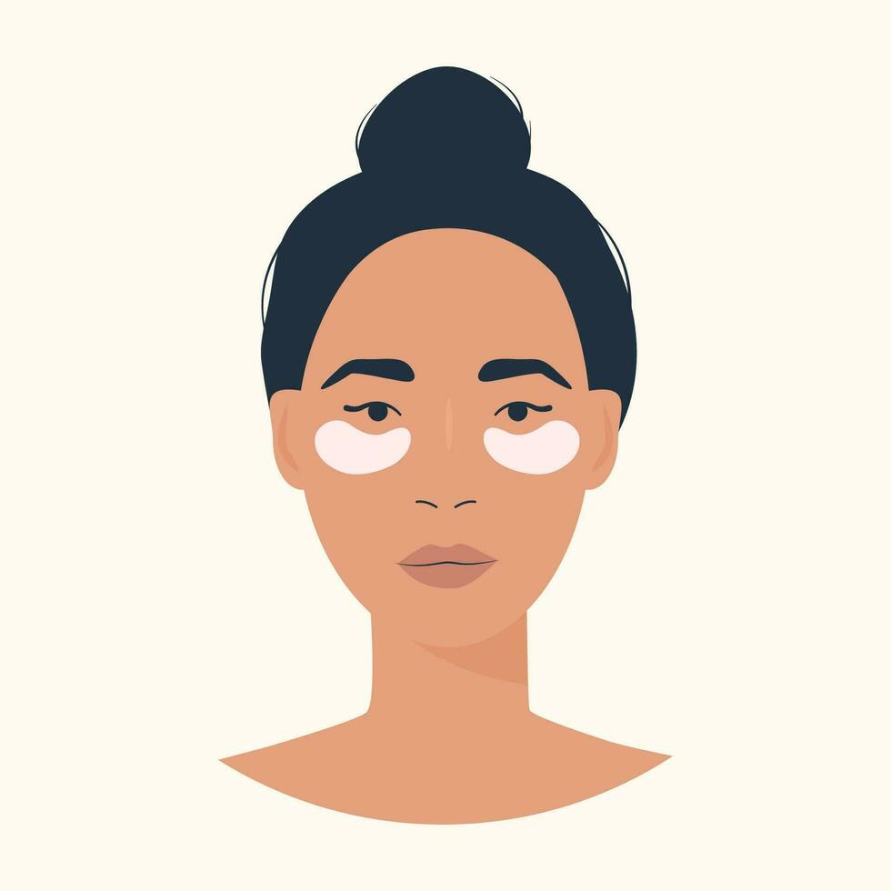 een vrouw karakter gebruik makend van oog lappen. huid zorg routine. gelaats schoonheid producten voor anti-veroudering. Dames nemen zorg van haar gezicht. gekleurde vector illustratie geïsoleerd Aan wit achtergrond.