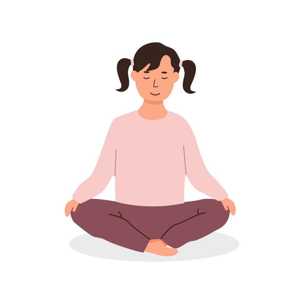 verschillend kinderen mediteren. kinderen aan het doen yoga oefening. meditatie les in kleuterschool concept. reeks van verschillend ras jong vrouw en mannetje tekens zittend Aan verdieping rustig. vector illustratie.