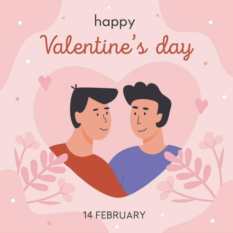 valentijnsdag dag plein groet kaart sjabloon voor sociaal media. homo paar. portret van schattig jong paar. homoseksueel romantisch partner. vector vlak stijl illustratie.